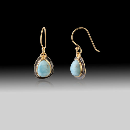 Artisan Larimar Teardrop Earrings 18k Brushed Gold & Black Rhodium over 925 Silver