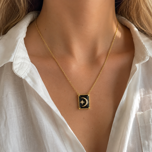Black Onyx and White Topaz Crescent Necklace- 18k Gold Plated over 925 Sterling Silver