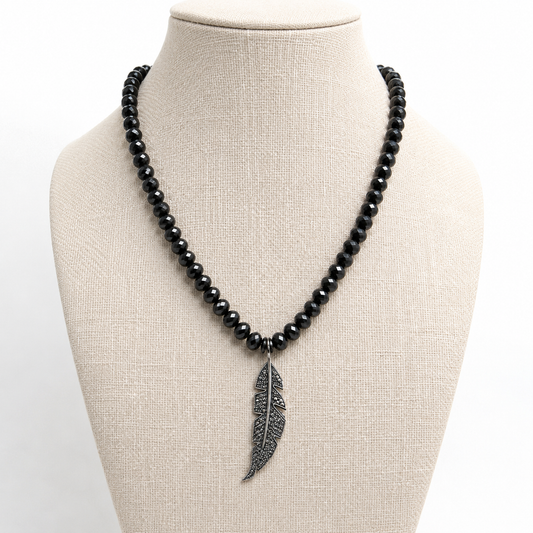 Black Onyx Gemstone Necklace with Pavé Diamonds on Feather Pendant