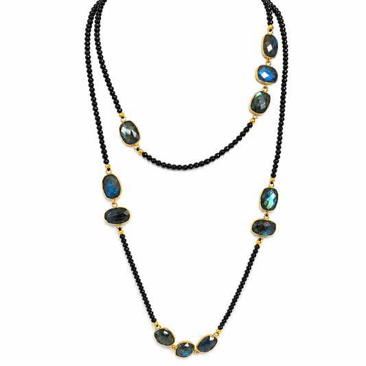 Black Onyx & Labradorite Station Necklace 925 Sterling Silver 18k Gold Plated