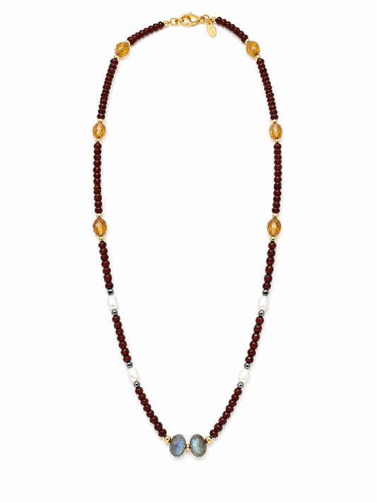Red Garnet, Labradorite, Citrine & Freshwater Pearl Necklace-Gold Filled Accents