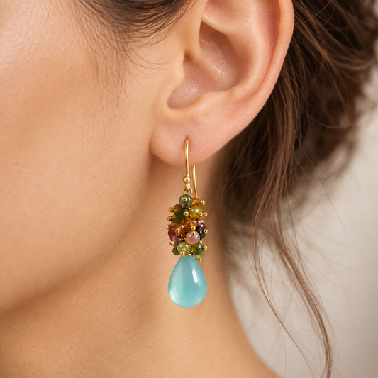 Aqua Chalcedony & Multi-Tourmaline Cluster Drop Earrings – 18K Gold Plated 925 Sterling Silver