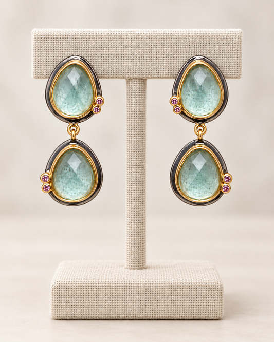 Green Apatite Double Drop Earrings with Pink Tourmaline – Black Rhodium & 18K Gold Plated Sterling Silver