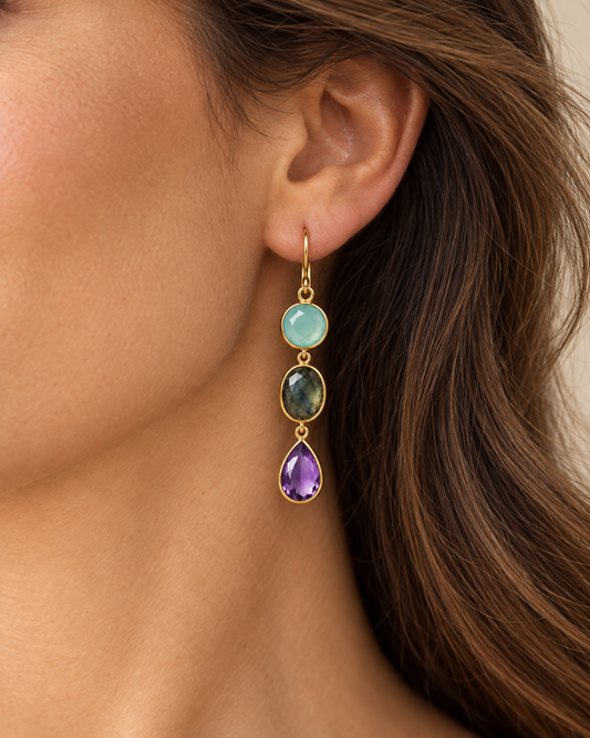 Aqua Chalcedony Labradorite Amethyst Earrings, 18K Gold Plated 925 Sterling Silver, 45 mm