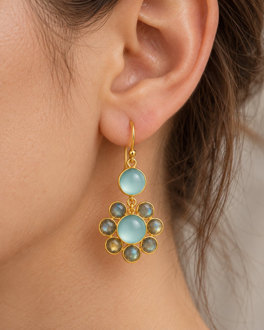 Aqua Chalcedony & Labradorite Floral Drop Earrings – 18K Gold Plated 925 Sterling Silver