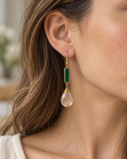 Yellow Rutilated Quartz & Green Onyx Drop Earrings – 18K Gold Plated 925 Sterling Silver