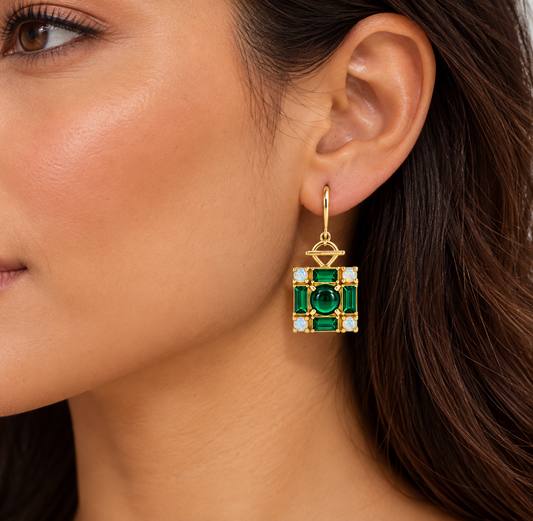 Green Onyx & Fire Opal Drop Earrings 18K Gold Plated over 925 Sterling Silver