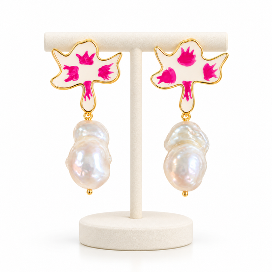 Fuchsia Blossom Baroque Pearl Drop Earrings- 18k Gold Plated Over 925 Sterling Silver