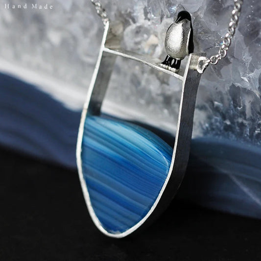925 Sterling Silver Natural Agate Penguin Pendant Necklace