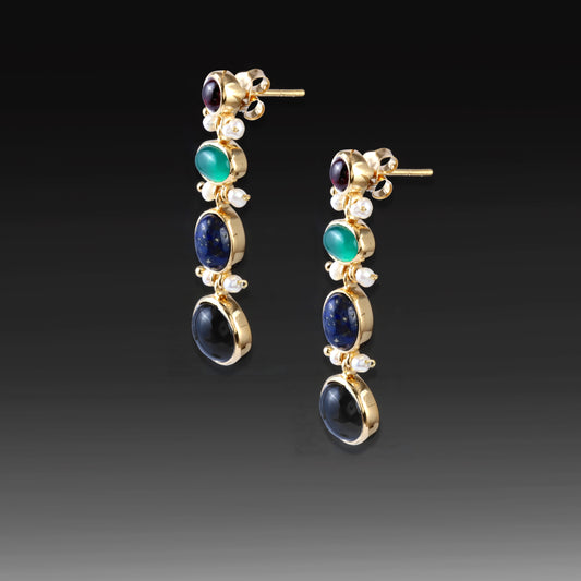 Artisan Multi-Gemstone Cascade Earrings - 18k Gold Plating over 925 Sterling Silver -Green Onyx, Lapis, Black Onyx, Red Garnet & Keshi Pearls
