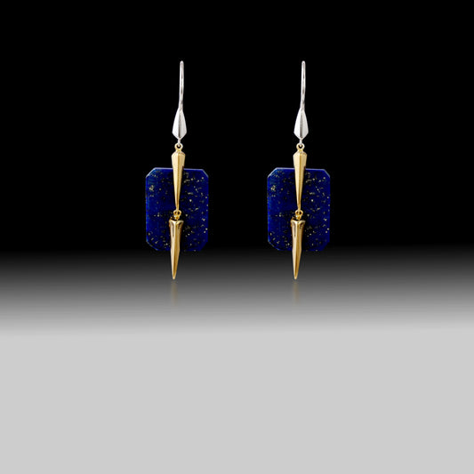 Artisan Lapis Lazuli Rectangle Earrings 18k Gold & 925 Silver