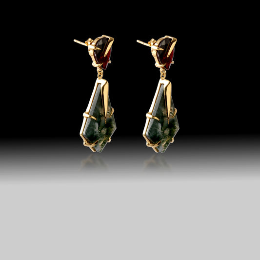 Artisan Moss Agate & Pink Tourmaline Drop Earrings- 18k Gold Plated Over Sterling Silver
