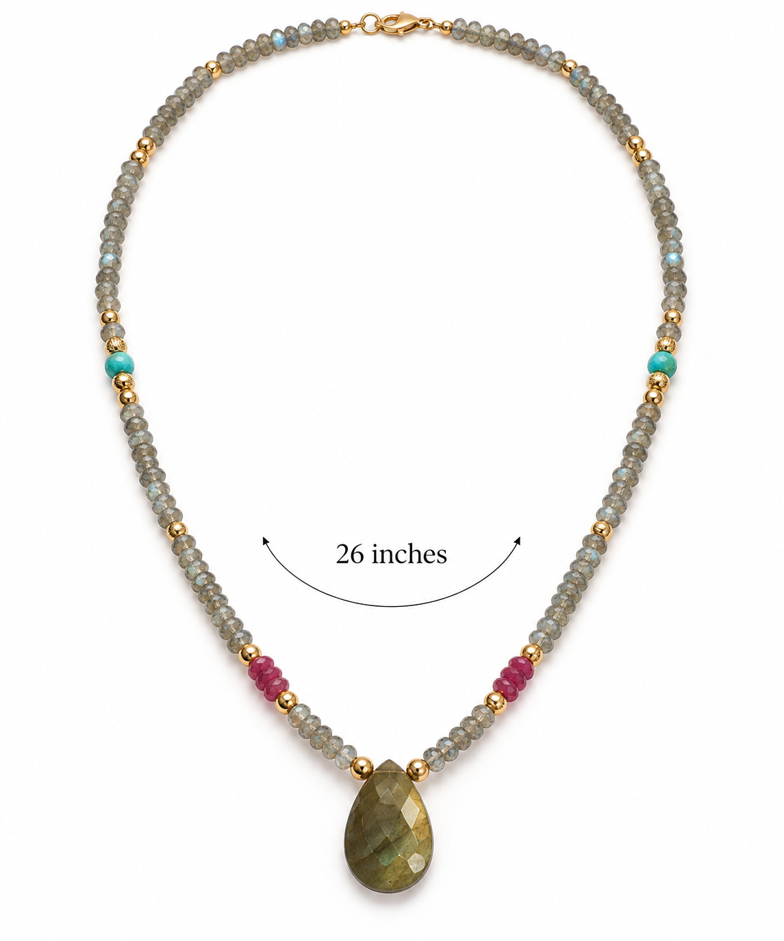 Labradorite, Turquoise & Ruby Gemstone Necklace – 26 Inches with Gold Filled Accents