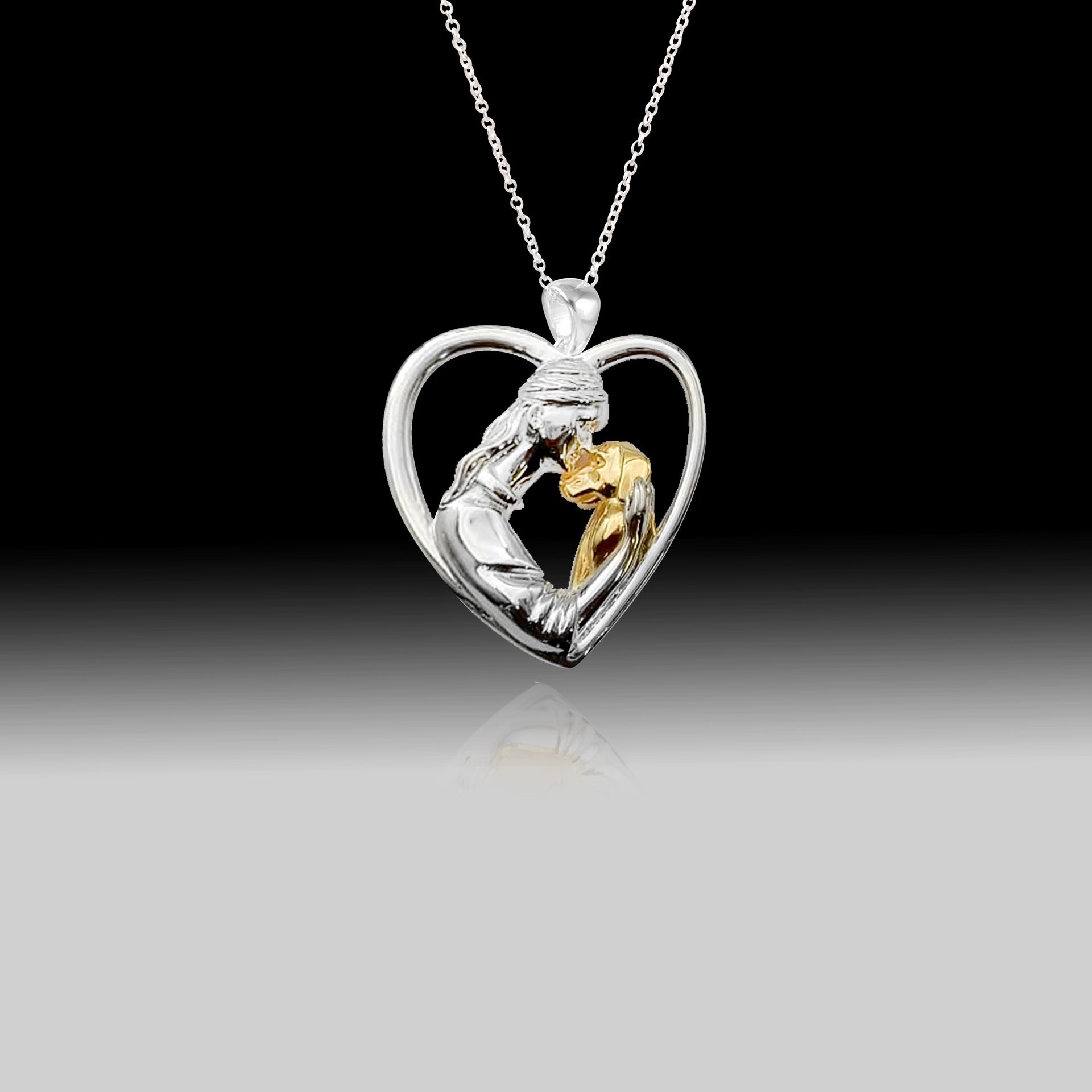 Girl Hugging Dog Heart Shaped Pendant- 925 Sterling Silver Two Toned Piece