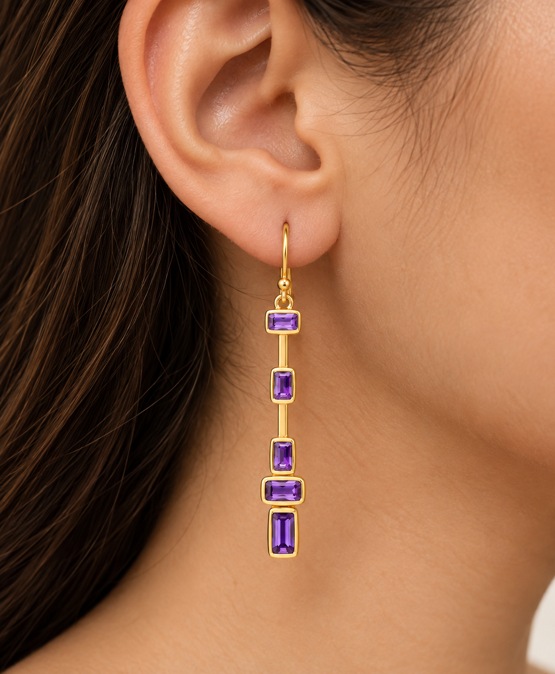 Amethyst Column Drop Earrings- 18k Gold Plated Over 925 Sterling Silver
