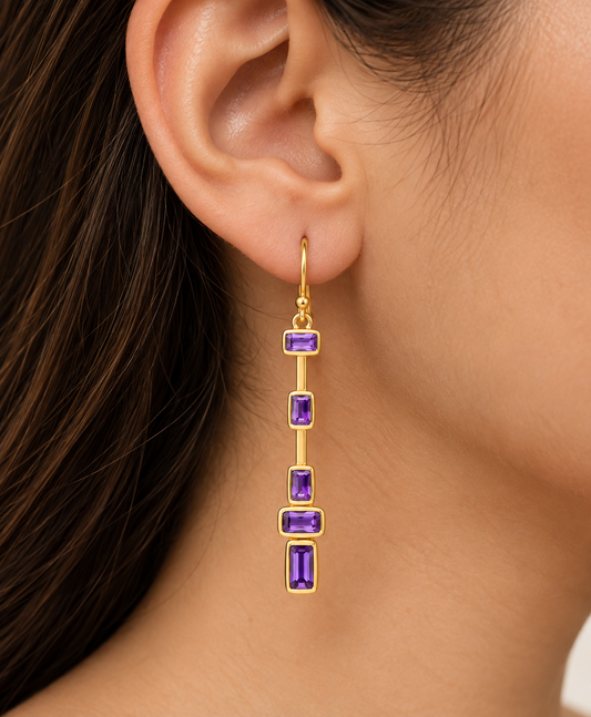 Amethyst Column Drop Earrings- 18k Gold Plated Over 925 Sterling Silver