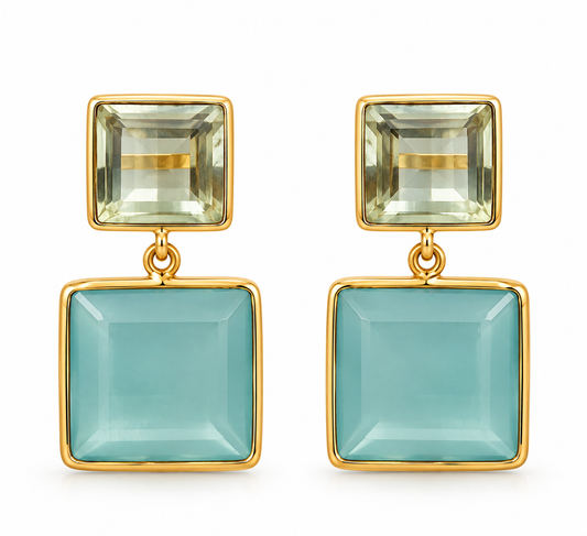 Aqua Chalcedony and Lemon Topaz Earrings- 18k Gold Plated on 925 Sterling Silver