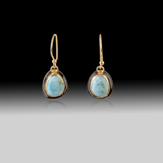 Artisan Larimar Teardrop Earrings 18k Brushed Gold & Black Rhodium over 925 Silver