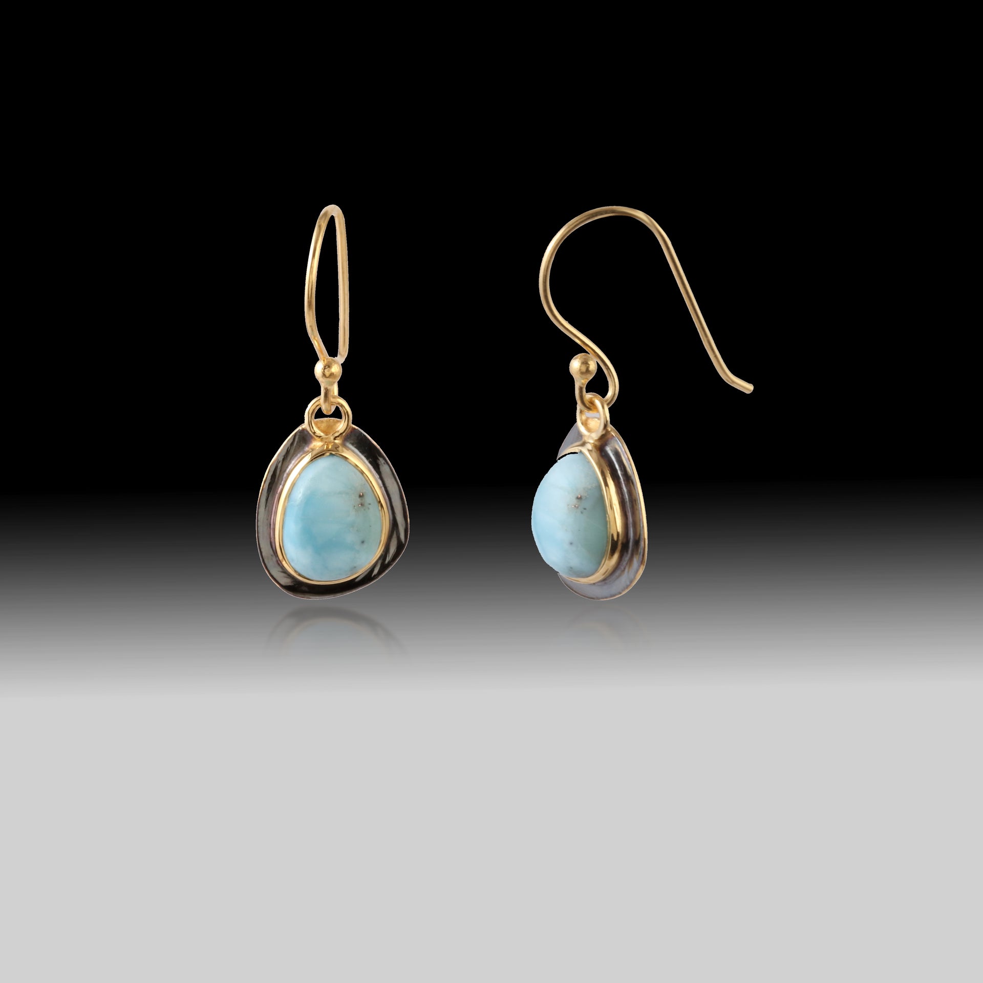 Artisan Larimar Teardrop Earrings 18k Brushed Gold & Black Rhodium over 925 Silver