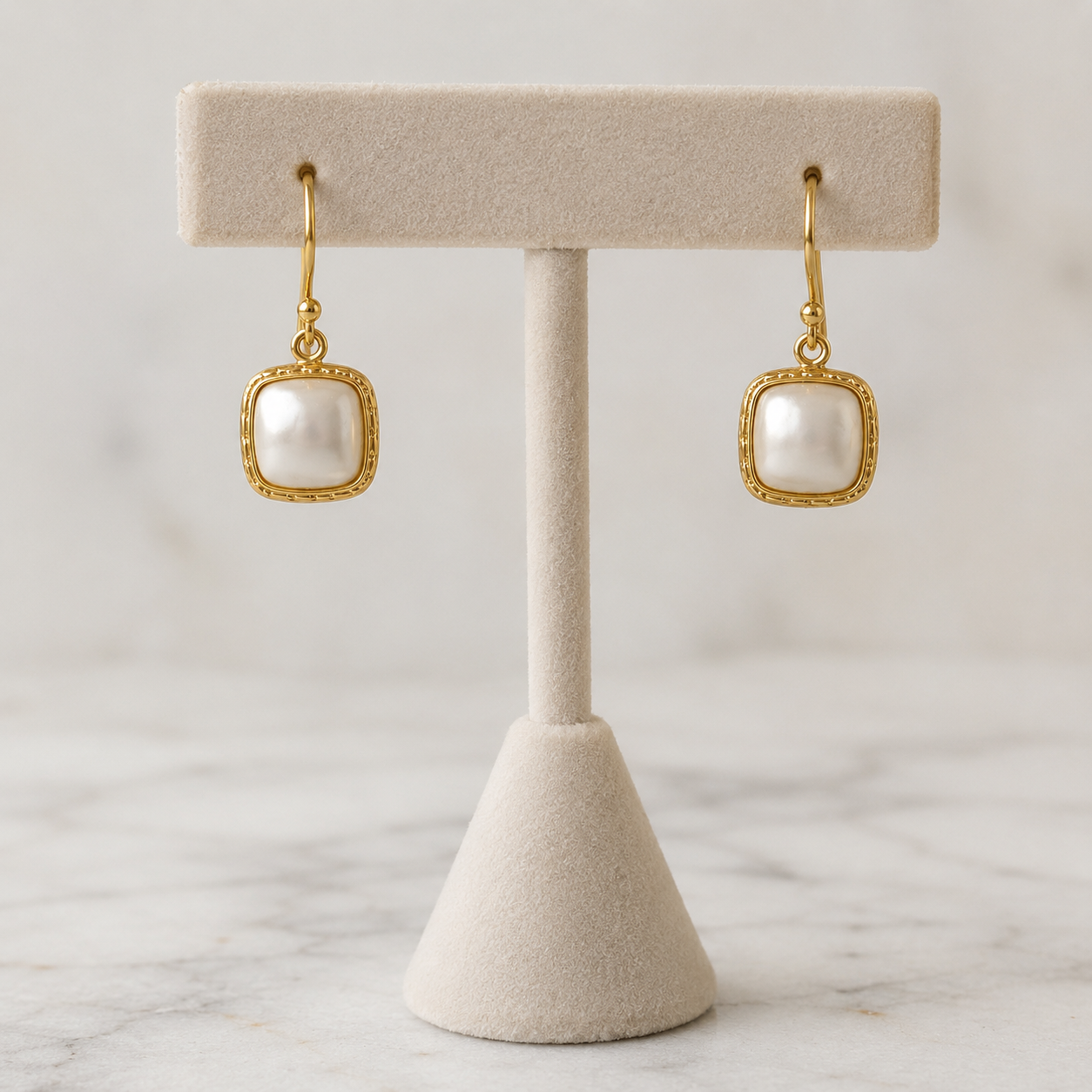 Freshwater Pearl Cushion Drop Earrings – 18k Gold Plated on 925 Sterling Silver