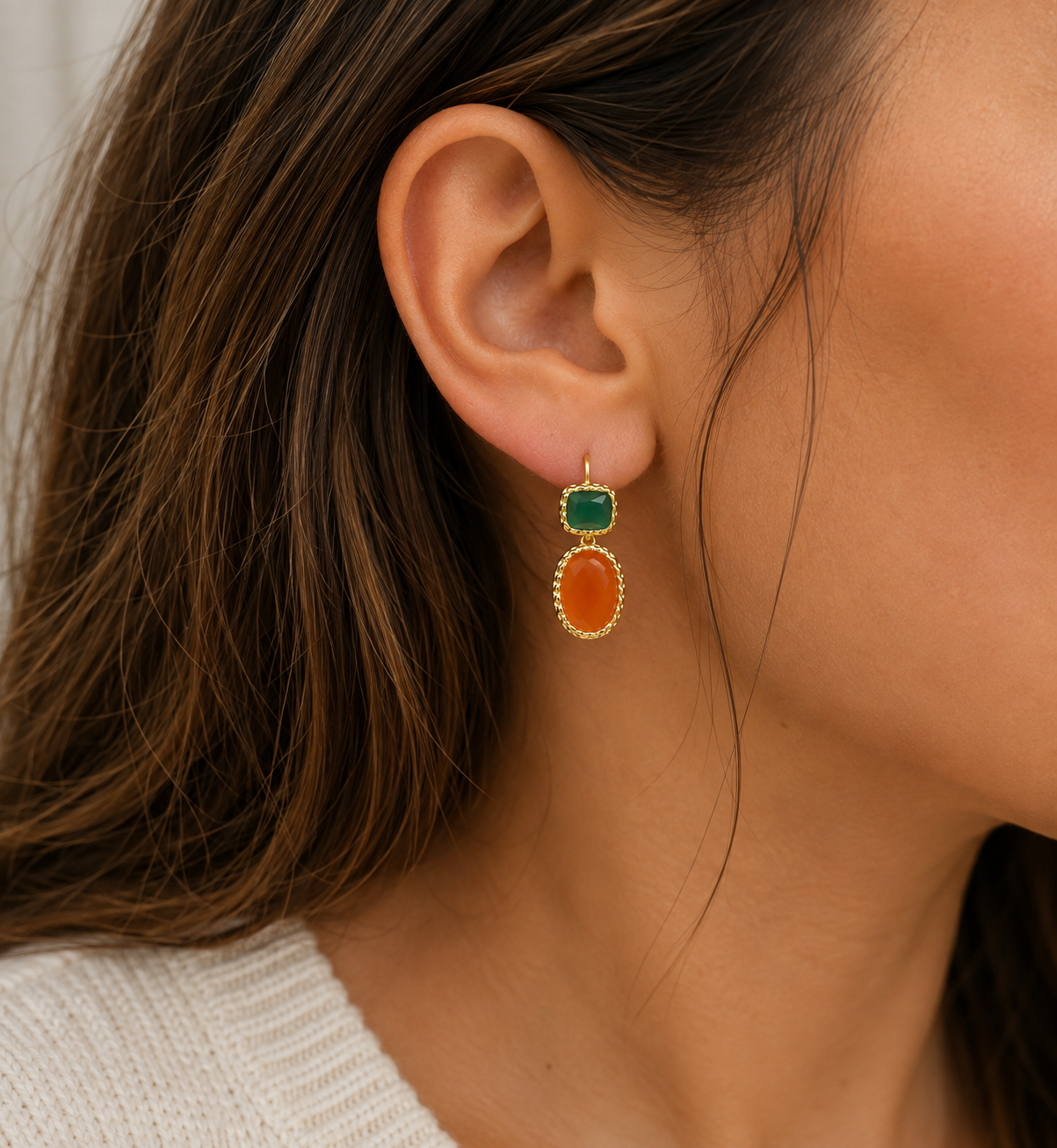 Carnelian &Green Onyx Earrings – 18k Gold Plated on 925 Sterling Silver