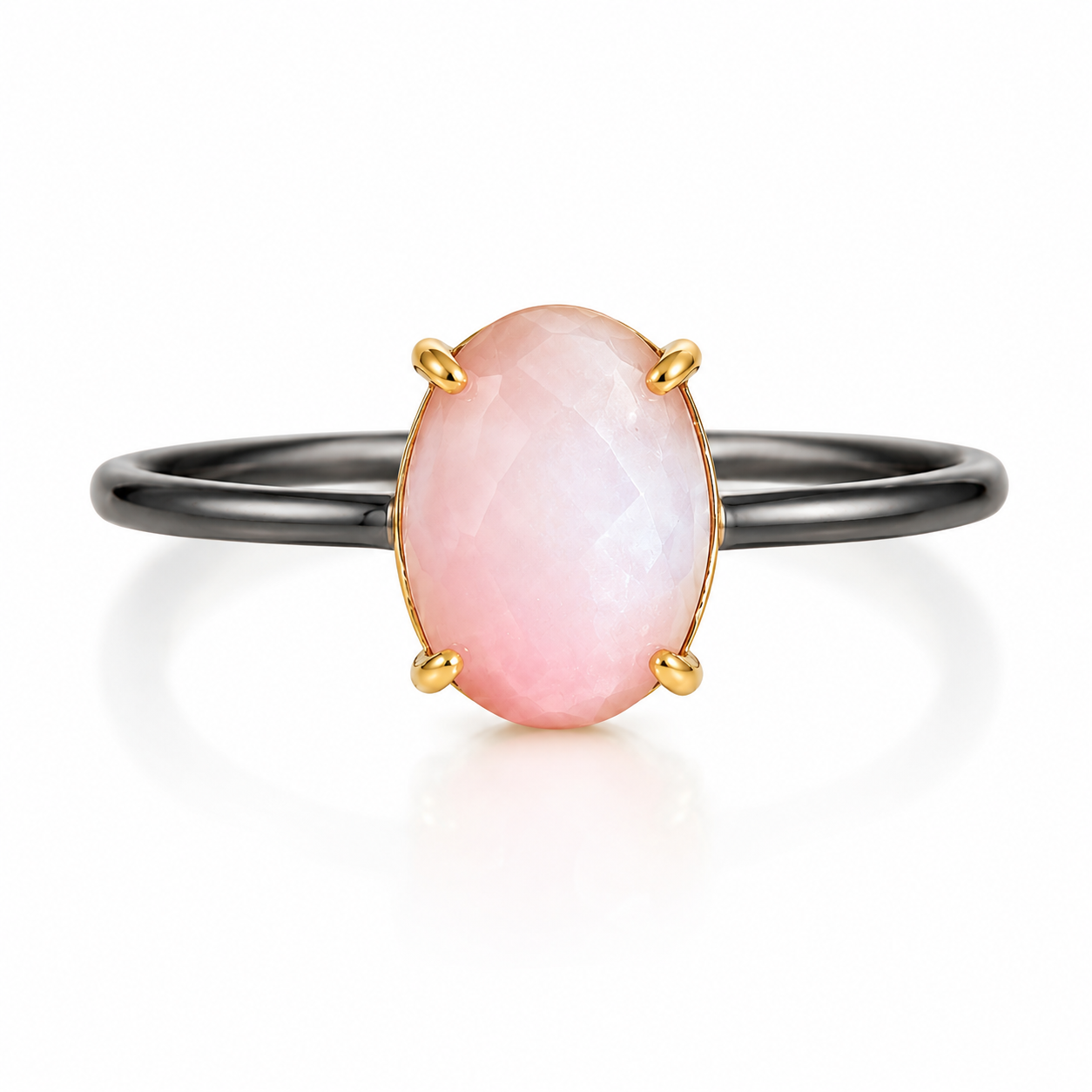 Pink Opal Ring – 18k Gold Plated on 925 Sterling Silver with Black Rhodium Band
