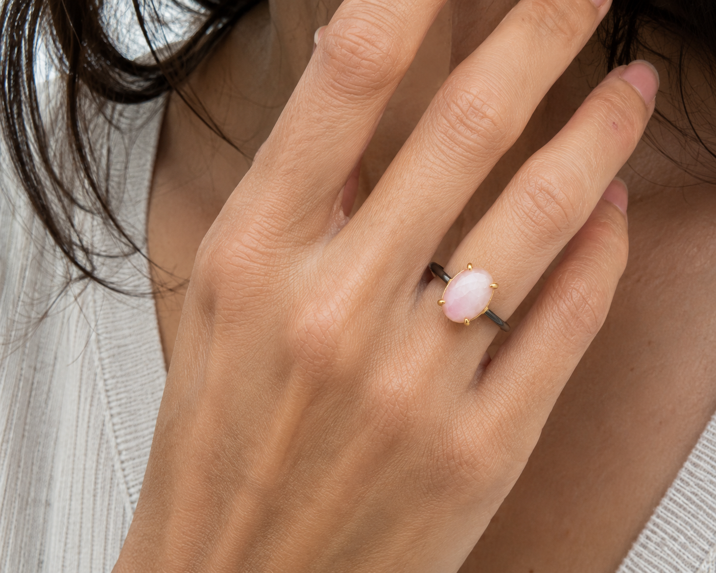 Pink Opal Ring – 18k Gold Plated on 925 Sterling Silver with Black Rhodium Band