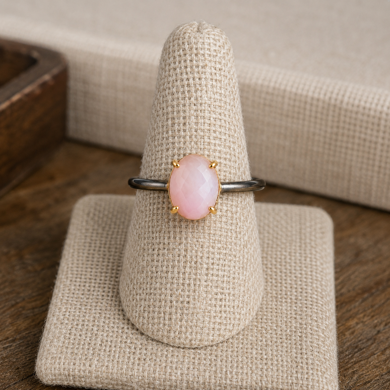 Pink Opal Ring – 18k Gold Plated on 925 Sterling Silver with Black Rhodium Band