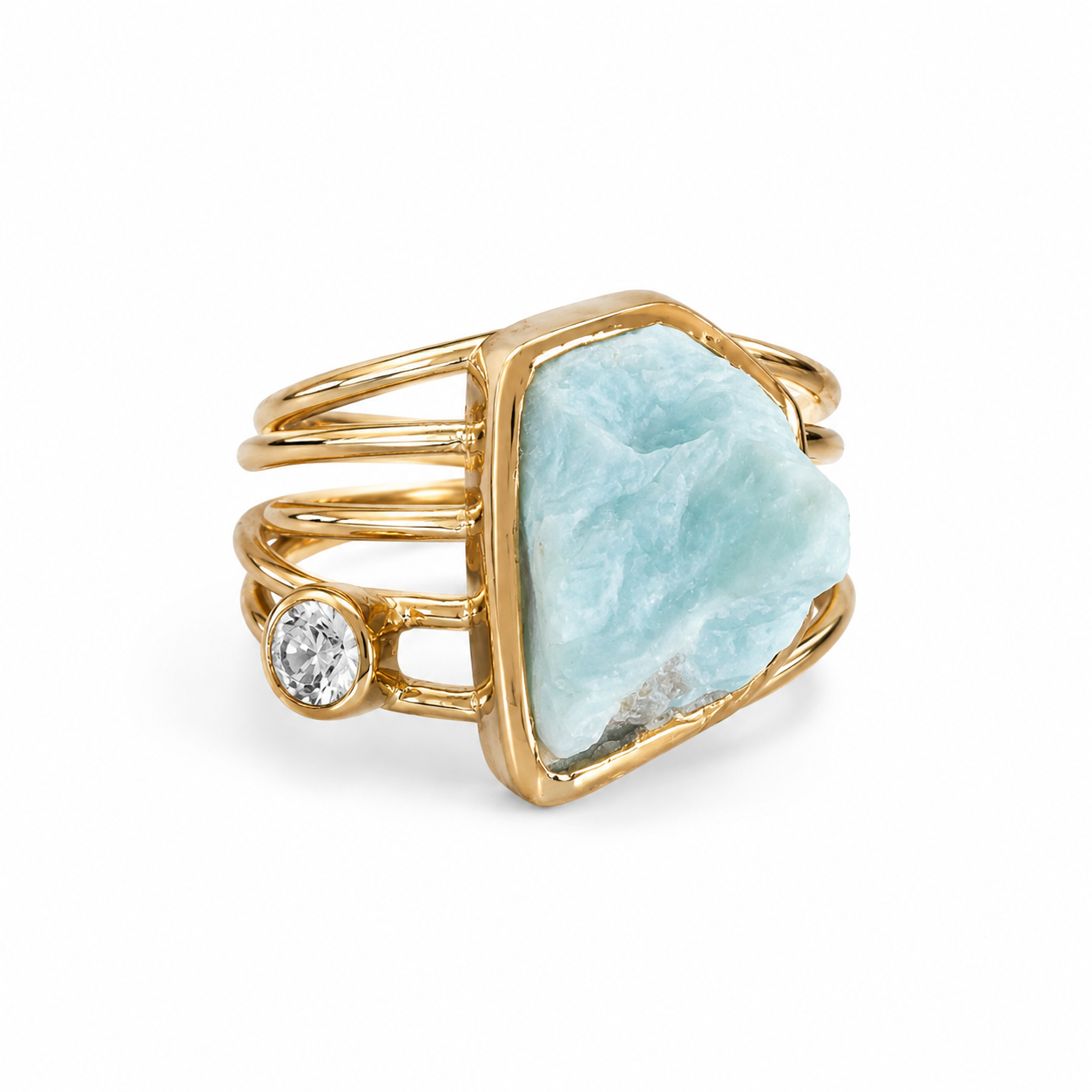Larimar & White Topaz Statement Ring – 18k Gold Plated on 925 Sterling Silver