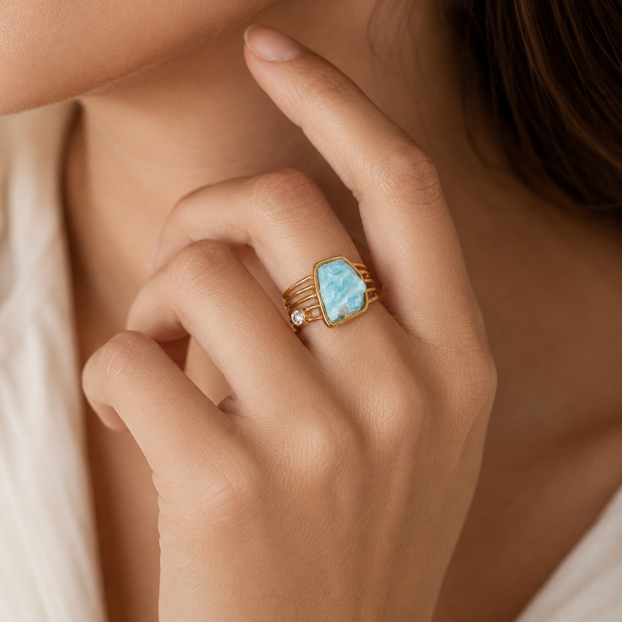 Larimar & White Topaz Statement Ring – 18k Gold Plated on 925 Sterling Silver