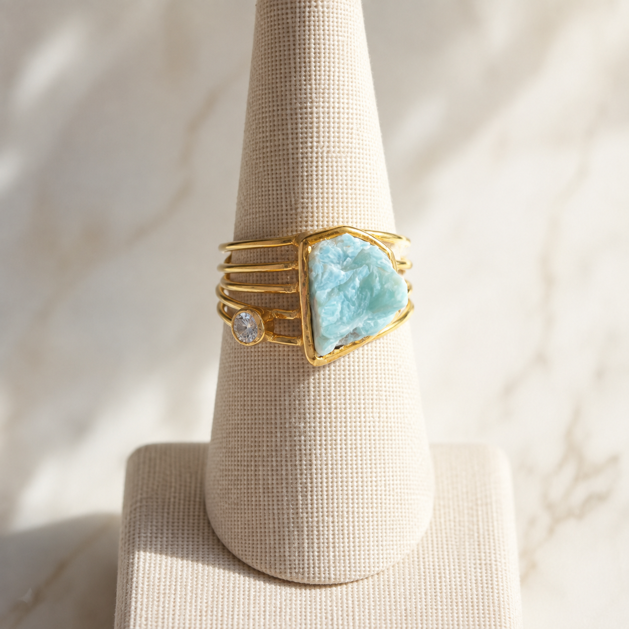 Larimar & White Topaz Statement Ring – 18k Gold Plated on 925 Sterling Silver