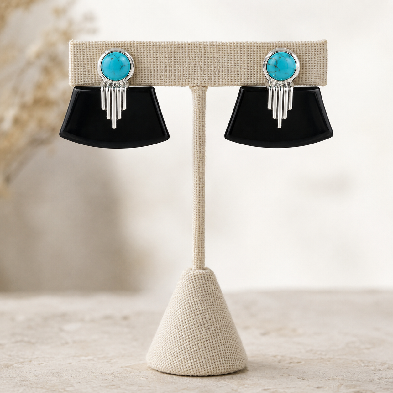 Black Onyx and Arizona Turquoise Post Earrings- 925 Sterling Silver