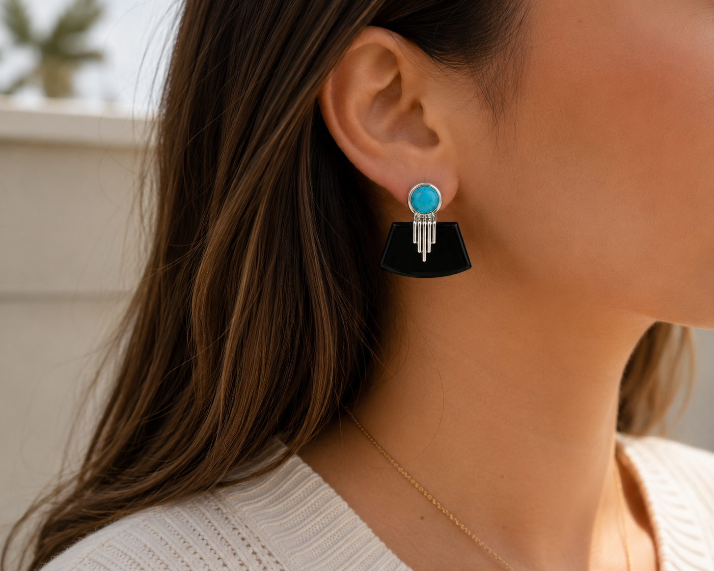Black Onyx and Arizona Turquoise Post Earrings- 925 Sterling Silver