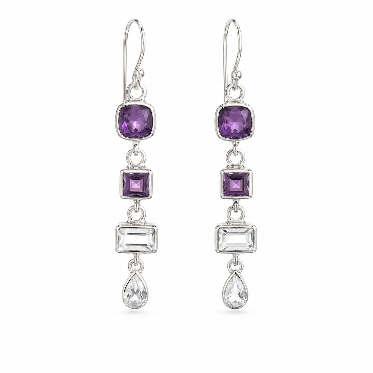 Amethyst and Clear Quartz Drop Earrings- 925 Sterling Silver