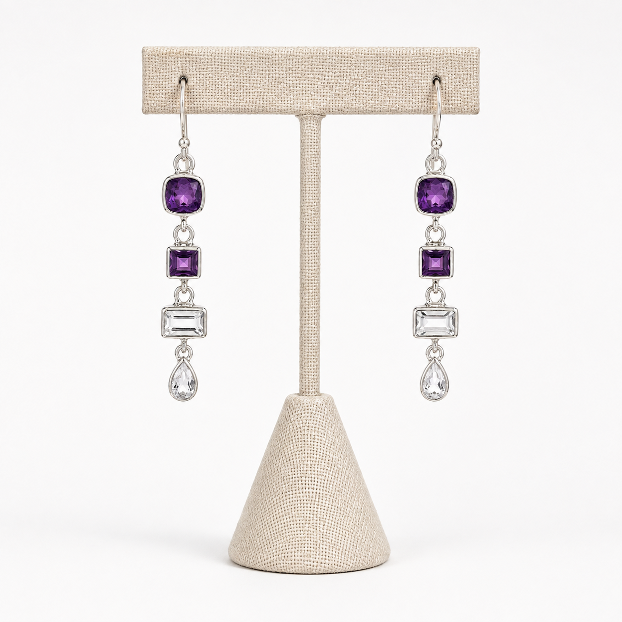 Amethyst and Clear Quartz Drop Earrings- 925 Sterling Silver