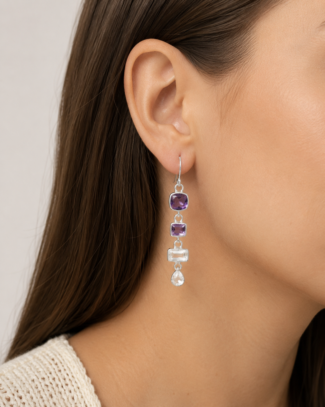 Amethyst and Clear Quartz Drop Earrings- 925 Sterling Silver
