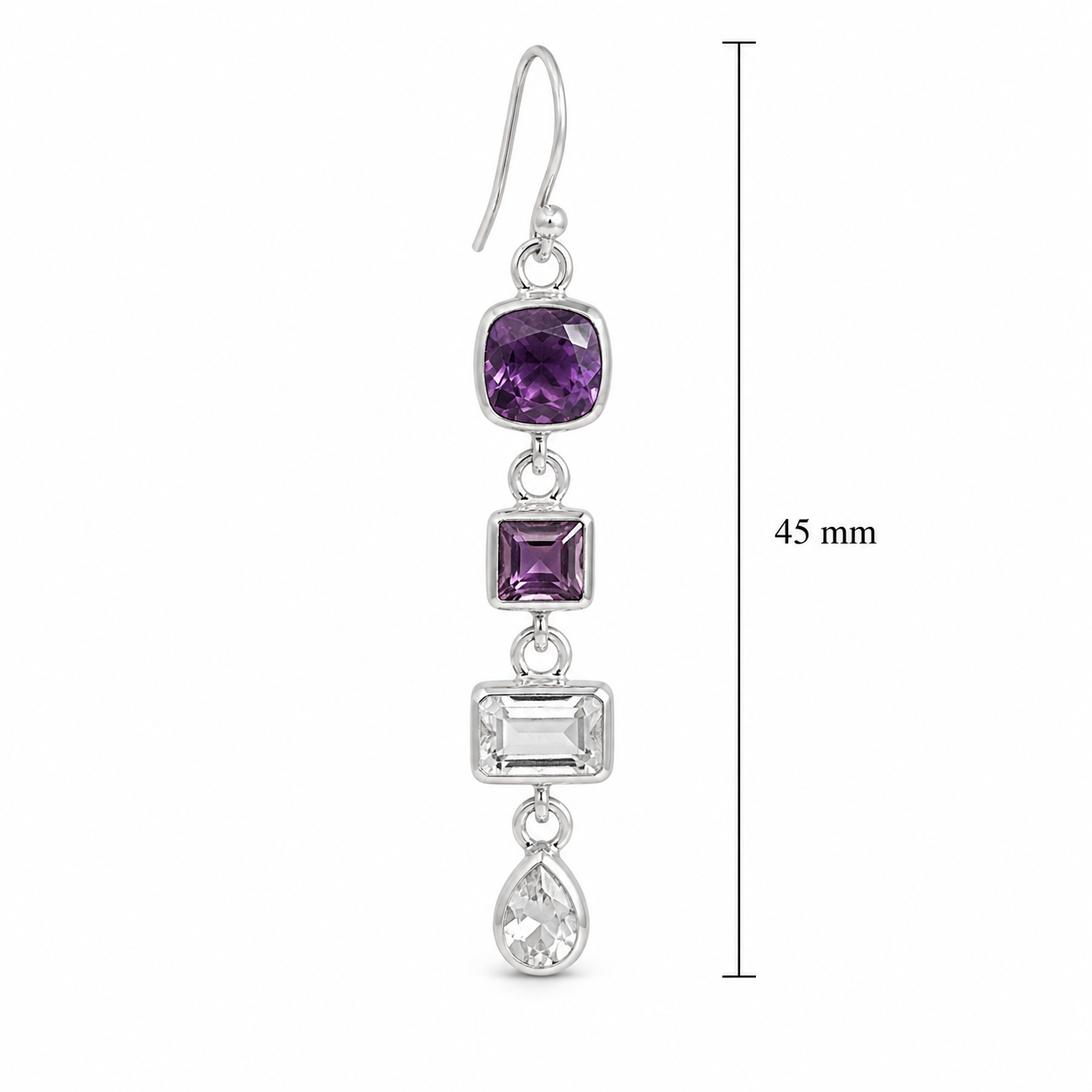 Amethyst and Clear Quartz Drop Earrings- 925 Sterling Silver