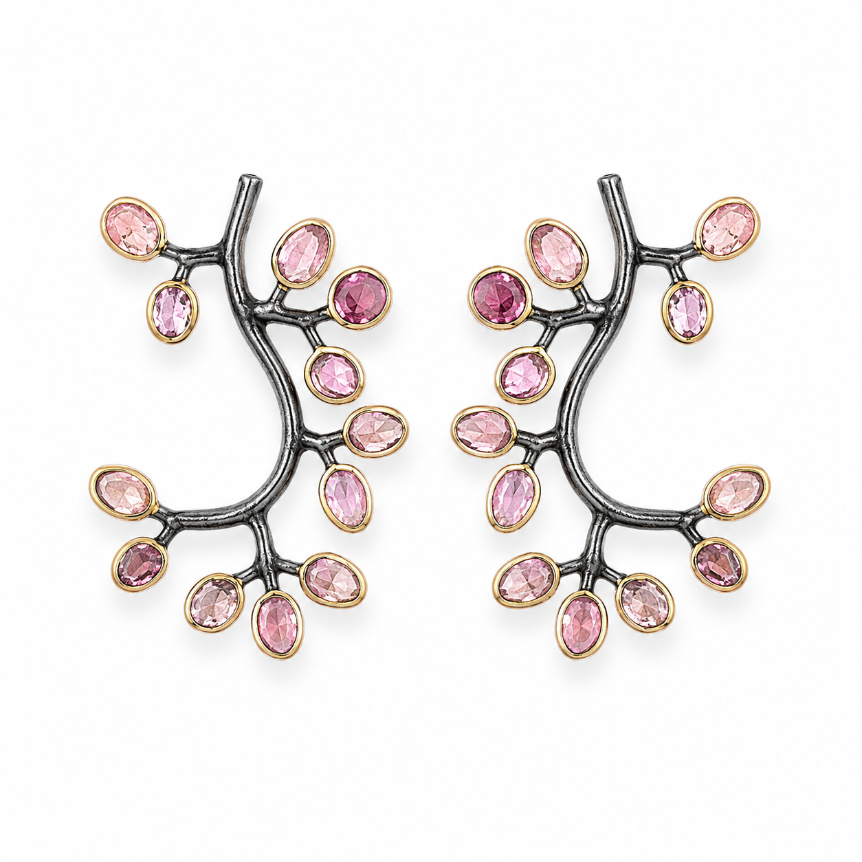 Pink Tourmaline Branch Earrings – Black Rhodium & 18k Gold Plated Over 925 Sterling Silver
