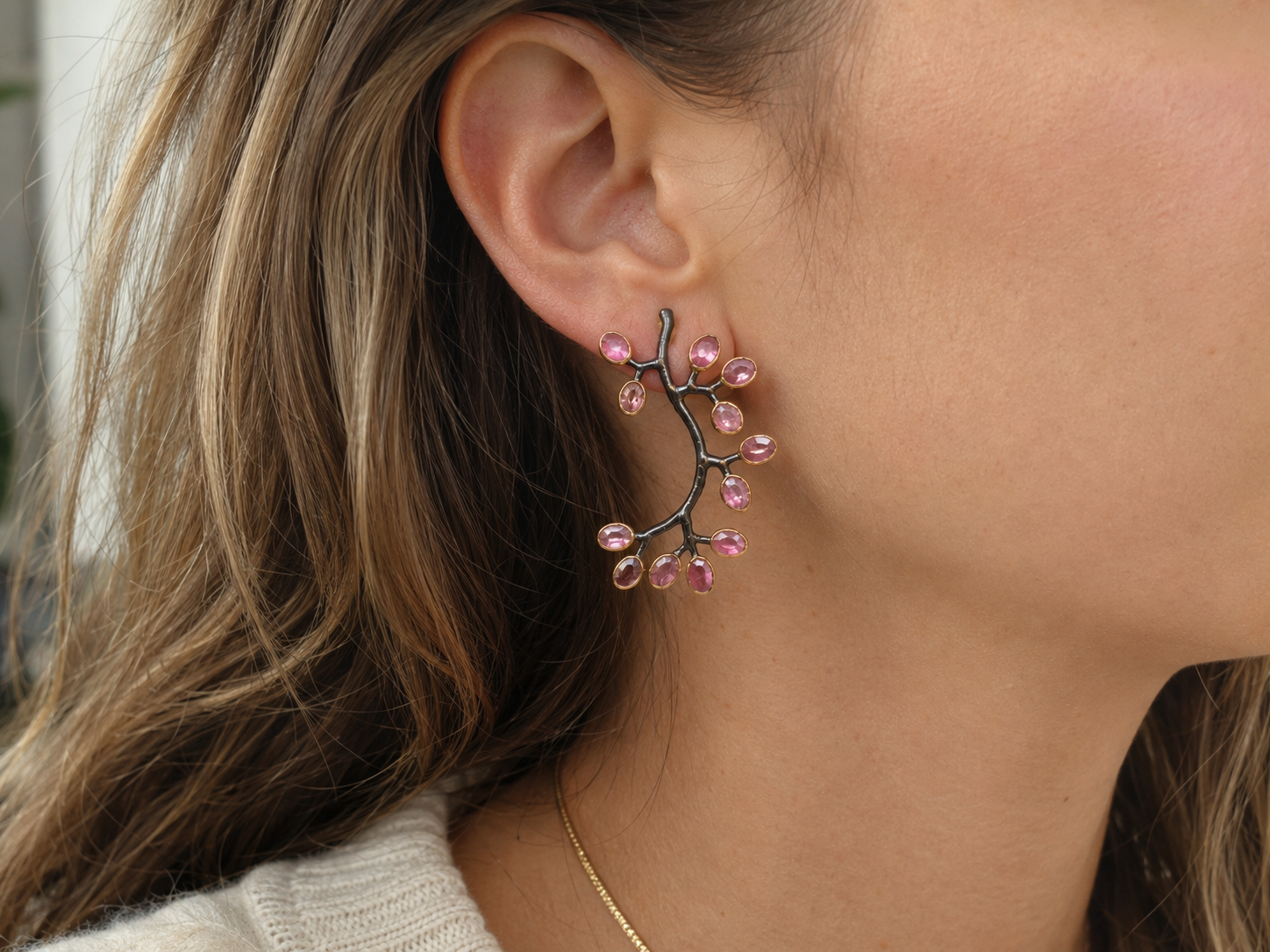Pink Tourmaline Branch Earrings – Black Rhodium & 18k Gold Plated Over 925 Sterling Silver