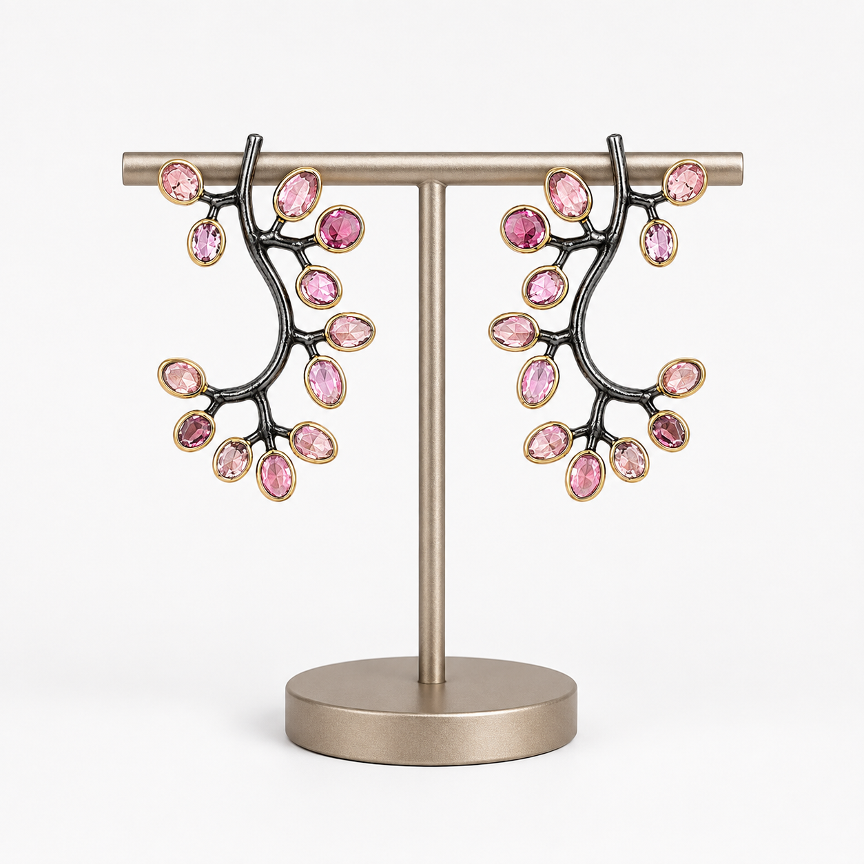 Pink Tourmaline Branch Earrings – Black Rhodium & 18k Gold Plated Over 925 Sterling Silver