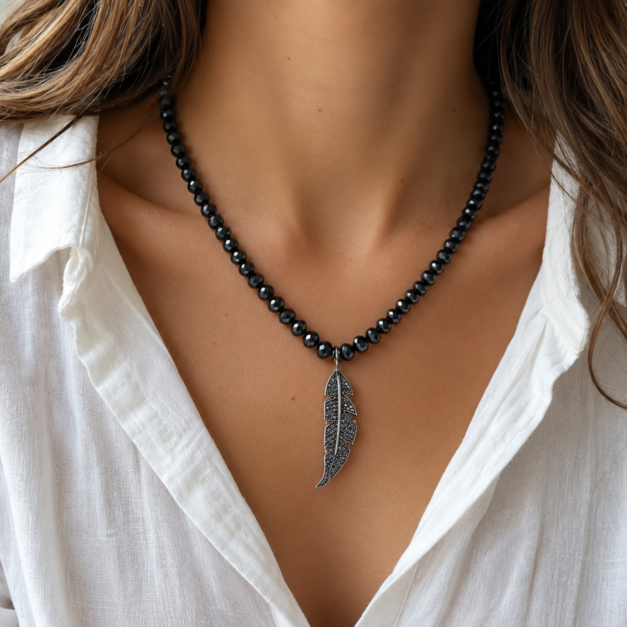 Black Onyx Gemstone Necklace with Pavé Diamonds on Feather Pendant