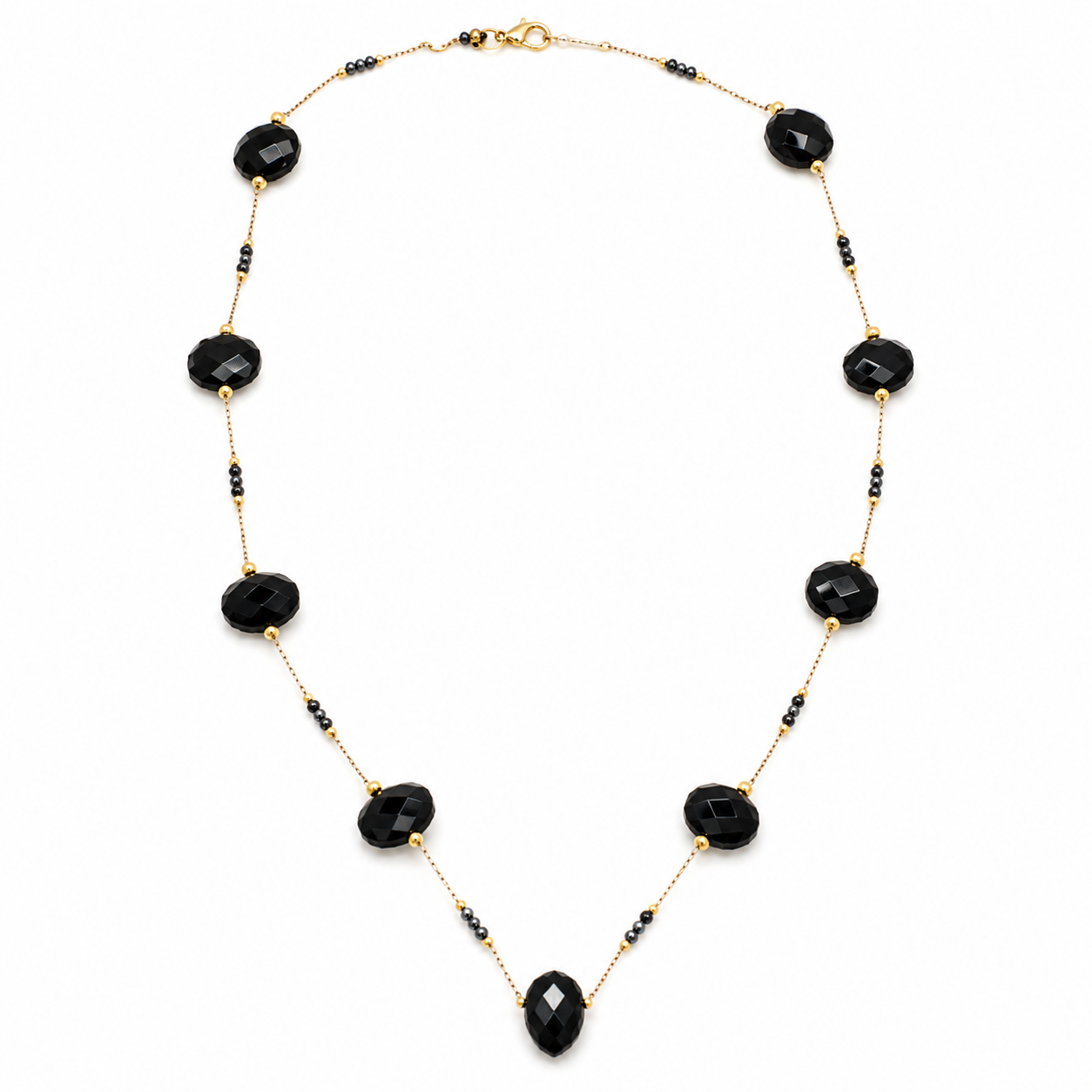 Black Onyx and Hematite Necklace- Gold Filled Necklace 26 inches