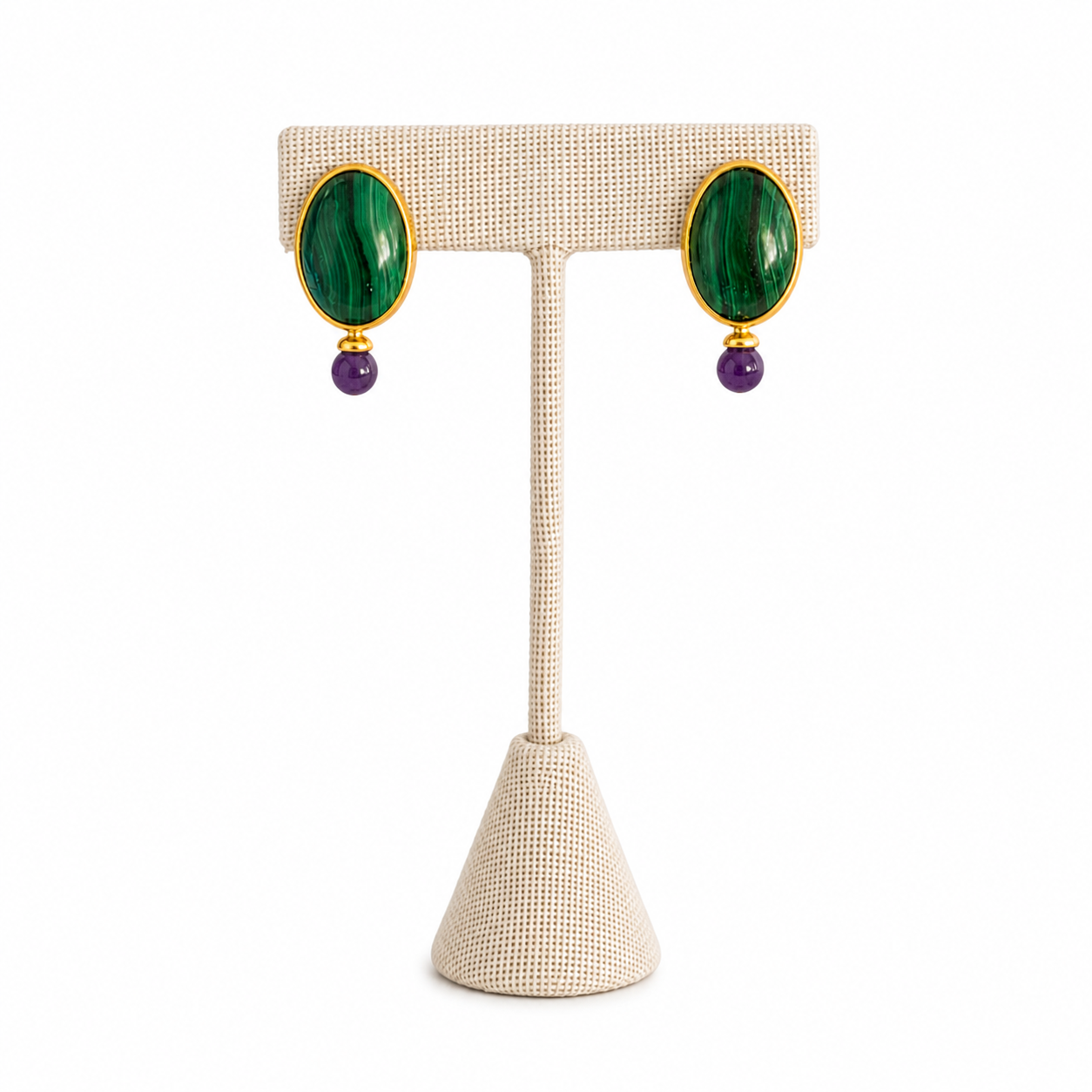 Malachite & Amethyst Stud Earrings – 18k Gold Plated on 925 Sterling Silver