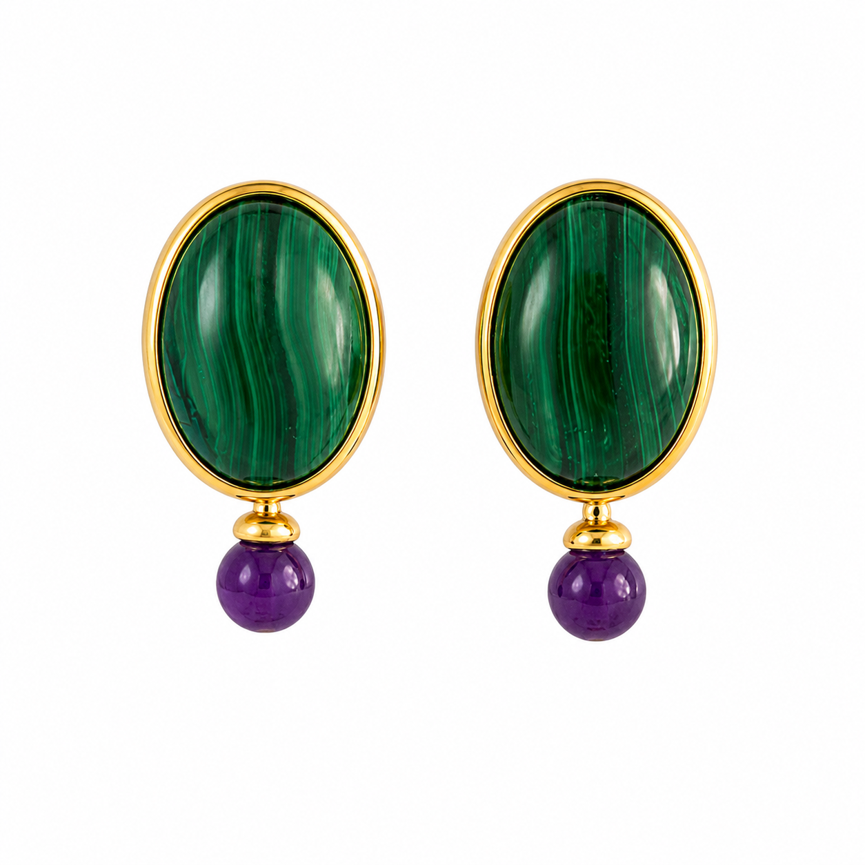 Malachite & Amethyst Stud Earrings – 18k Gold Plated on 925 Sterling Silver