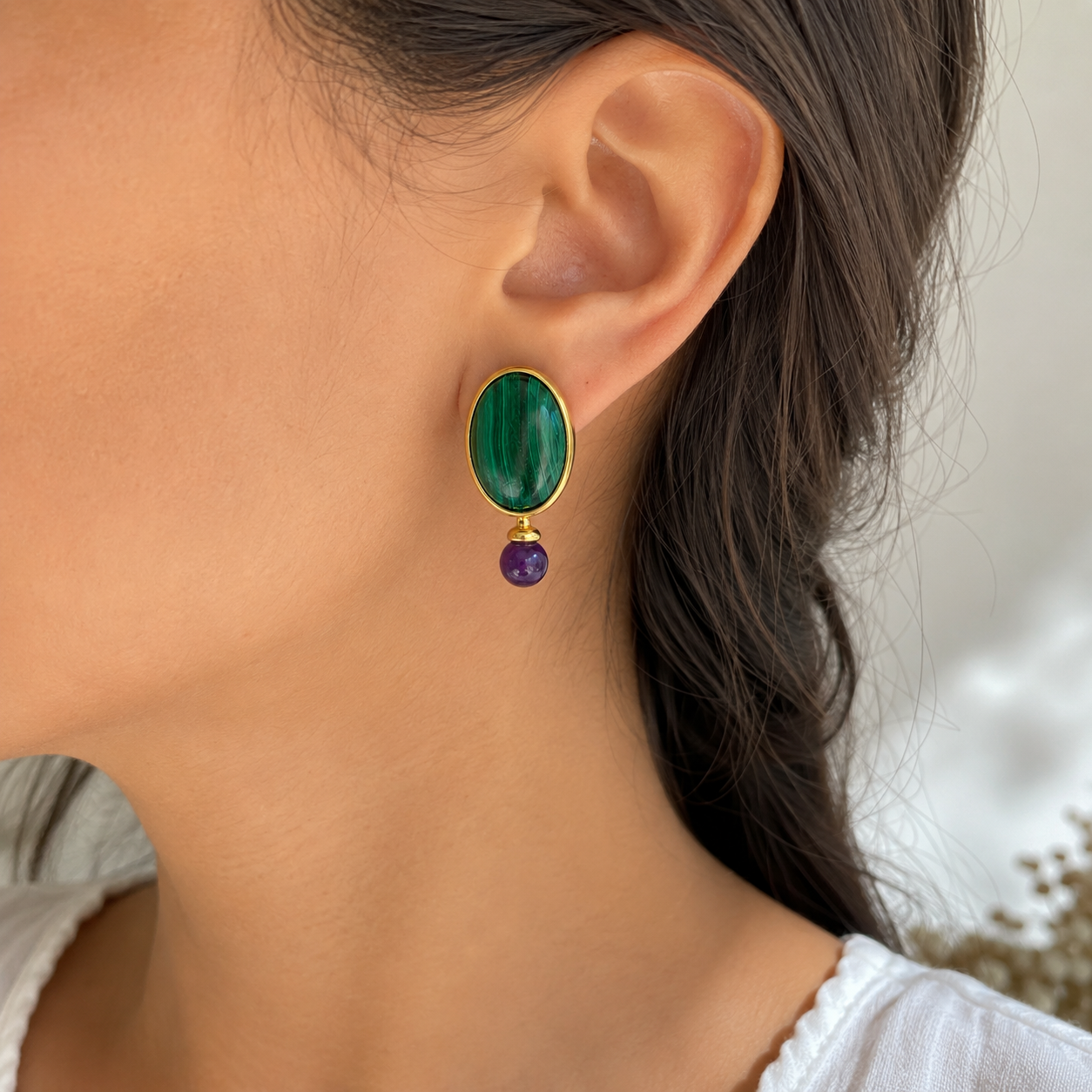 Malachite & Amethyst Stud Earrings – 18k Gold Plated on 925 Sterling Silver