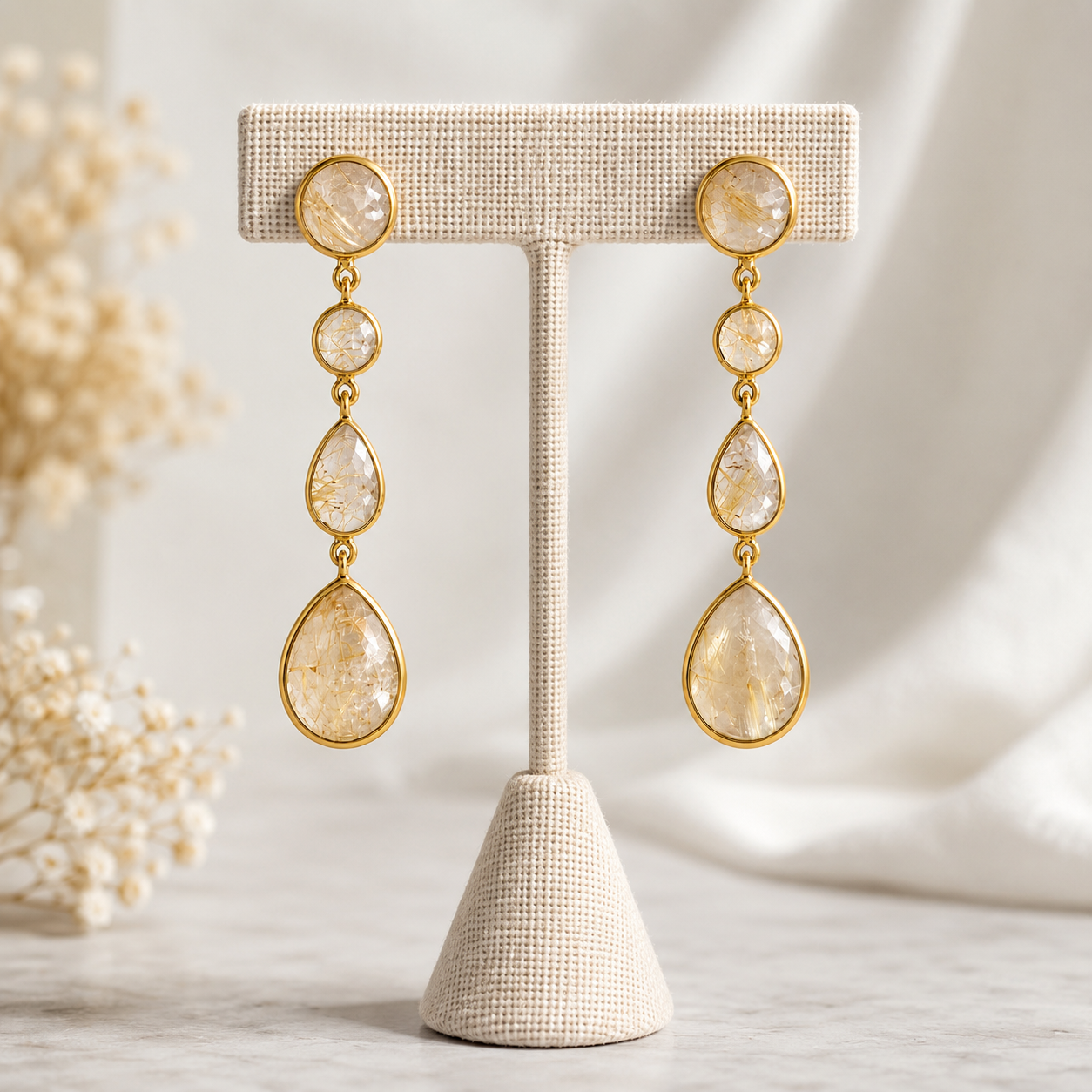 Yellow Rutilated Quartz Earrings – 18k Gold Plated on 925 Sterling Silver