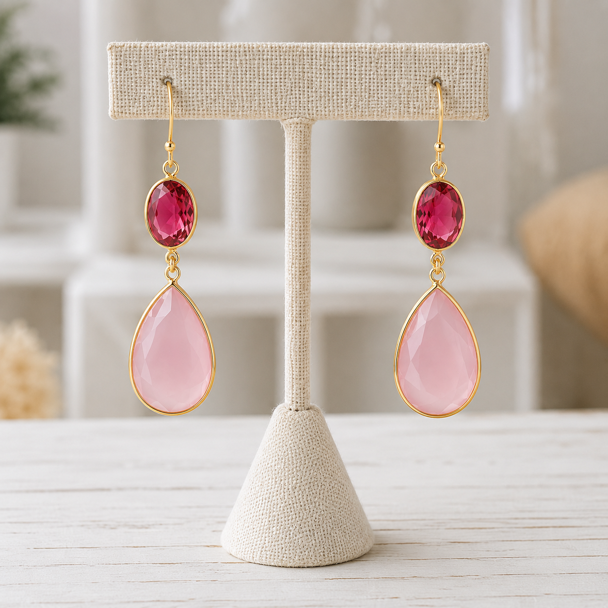Pink Tourmaline and Pink Chalcedony Earrings- 18k Gold Plated on 925 Sterling Silver