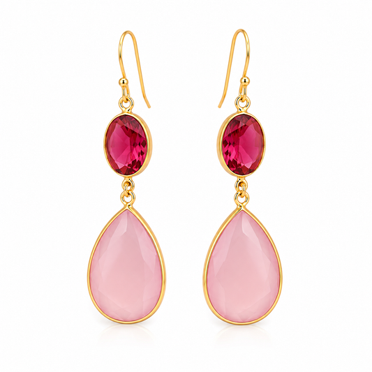 Pink Tourmaline and Pink Chalcedony Earrings- 18k Gold Plated on 925 Sterling Silver