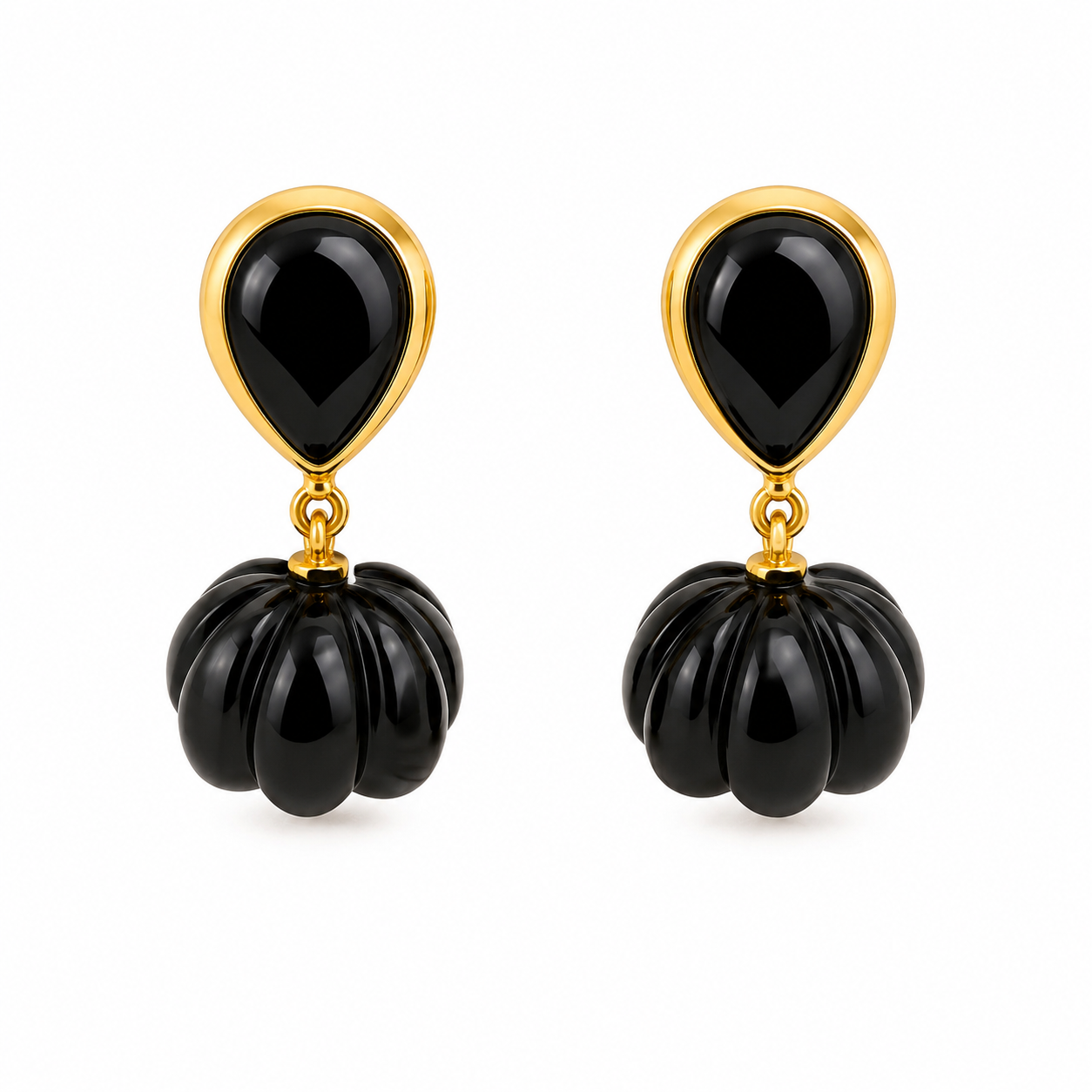 Black Onyx Pumpkin Carving Earrings- 18k Gold Plated Over 925 Sterling Silver