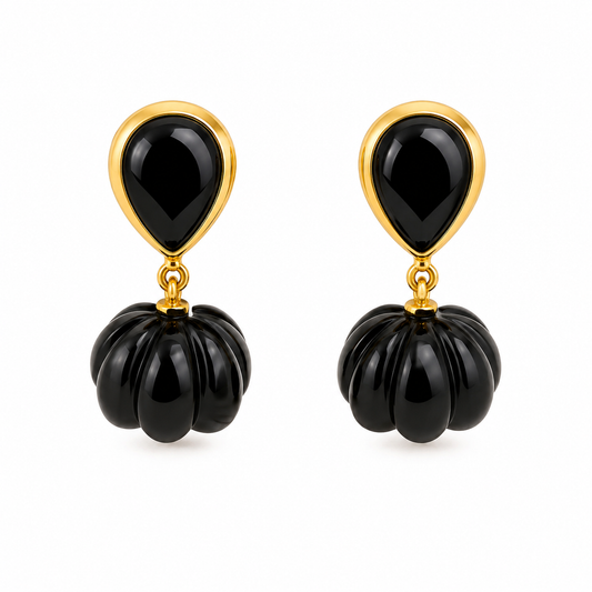 Black Onyx Pumpkin Carving Earrings- 18k Gold Plated Over 925 Sterling Silver